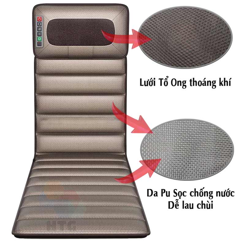 chất liệu Da PU thoáng khí, chống nước, dễ lau chùi, kết hợp với phần massage cổ vai gáy được làm từ lưới tổ ong, thoát khí thoát mồ hôi nhanh chóng.