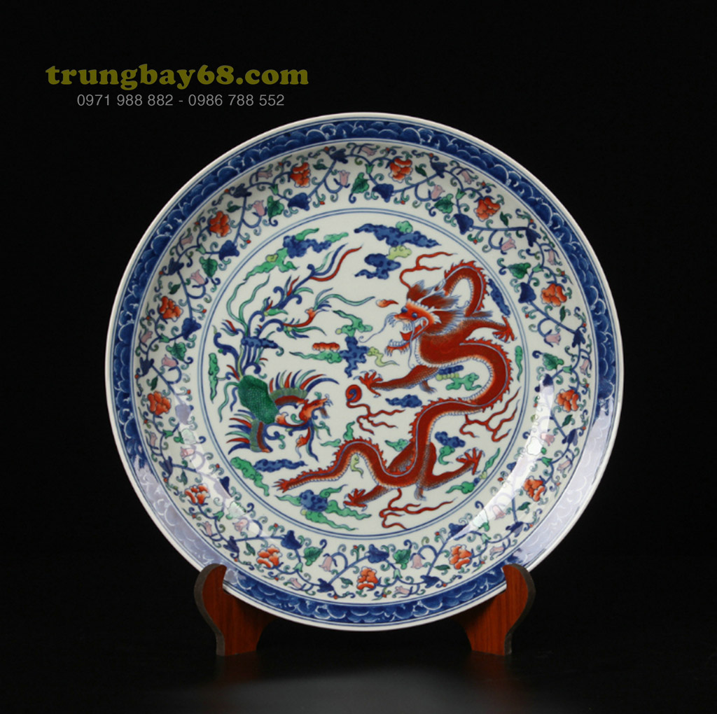Dĩa họa tiết rồng phượng cổ trang trí phong thủy văn phòng phòng khách bz001