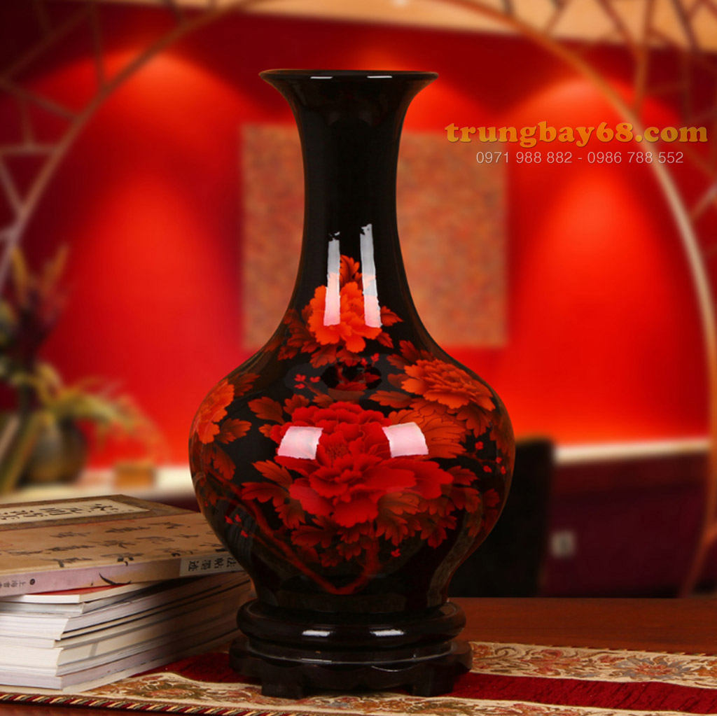 Bình hoa gốm sứ Cảnh Đức - Giang Tây cao cấp màu đen bóng với họa tiết mẫu đơn đỏ, MS zsjy114-1