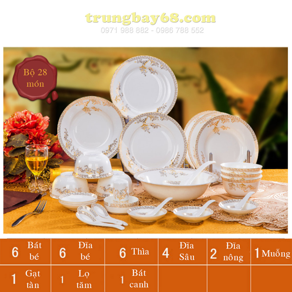 Bộ bát đĩa sứ xương cao cấp 28 món BD-02