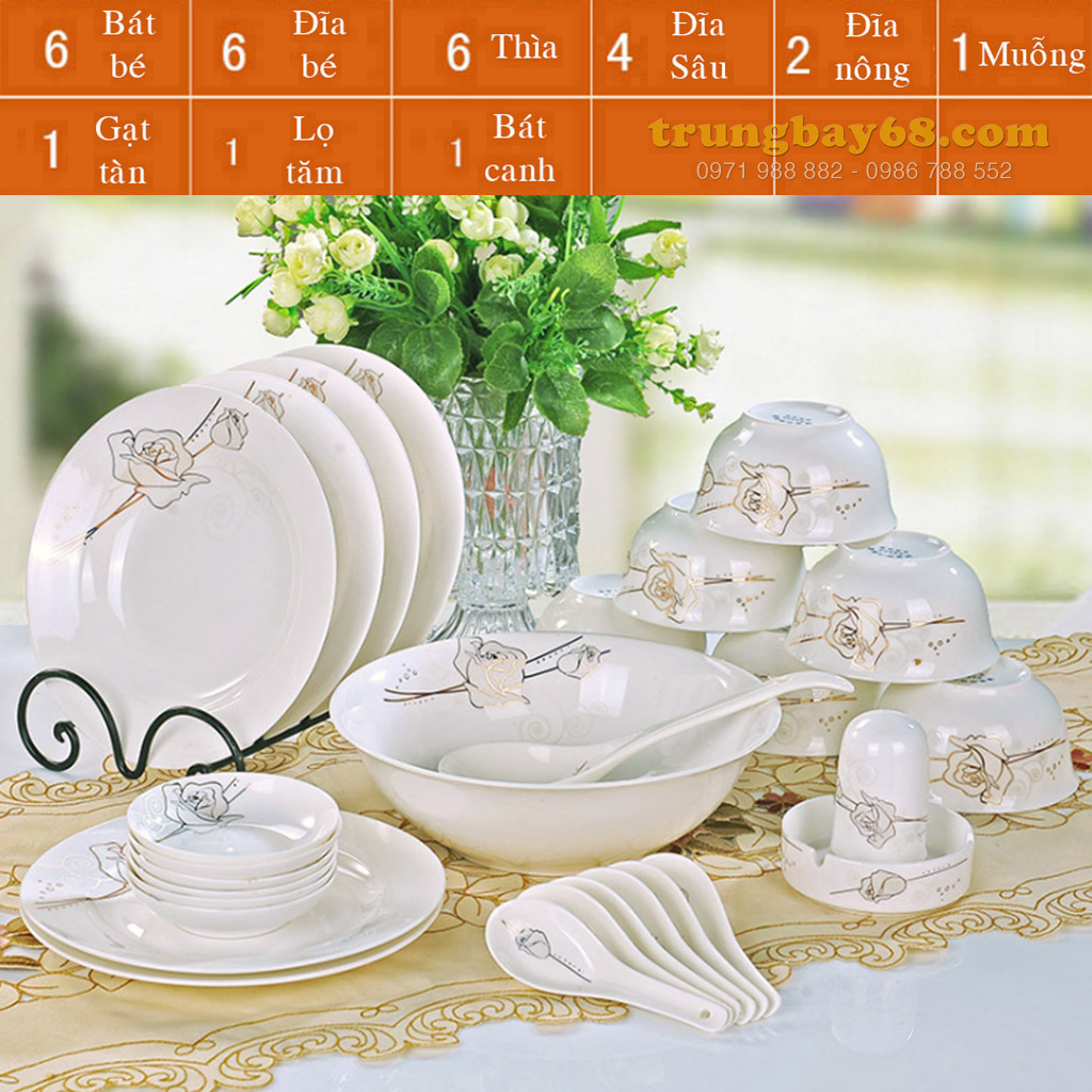 Bộ bát đĩa sứ xương cao cấp 28 món BD-09