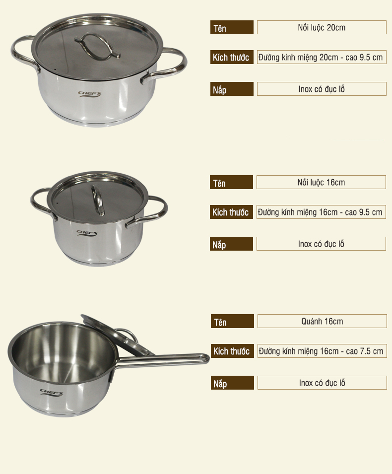 Thông tin bộ nồi 5 chiếc Chefs inox 304