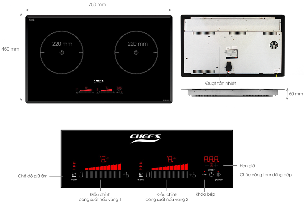 Thống số kỹ thuật và thiết kế của bếp từ Chefs EH DIH888