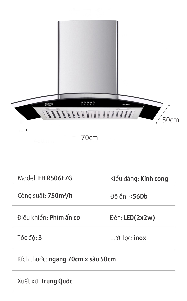 thông số máy hút mùi chefs eh r506e7g