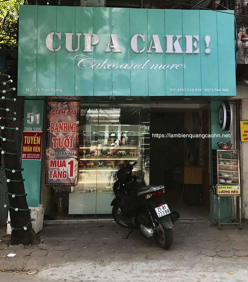 Biển quảng cáo alu, biển chữ inox sáng chân, biển cửa hàng bánh ngọt, biển alu chữ nổi, mẫu biển cửa hàng bánh ngọt