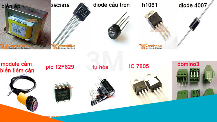 Hình ảnh linh kiện để làm mạch đèn nhà vệ sinh