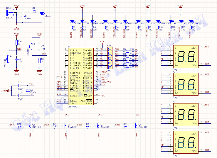 sơ đồ nguyên lý Mạch đèn giao thông dùng VĐK 8051