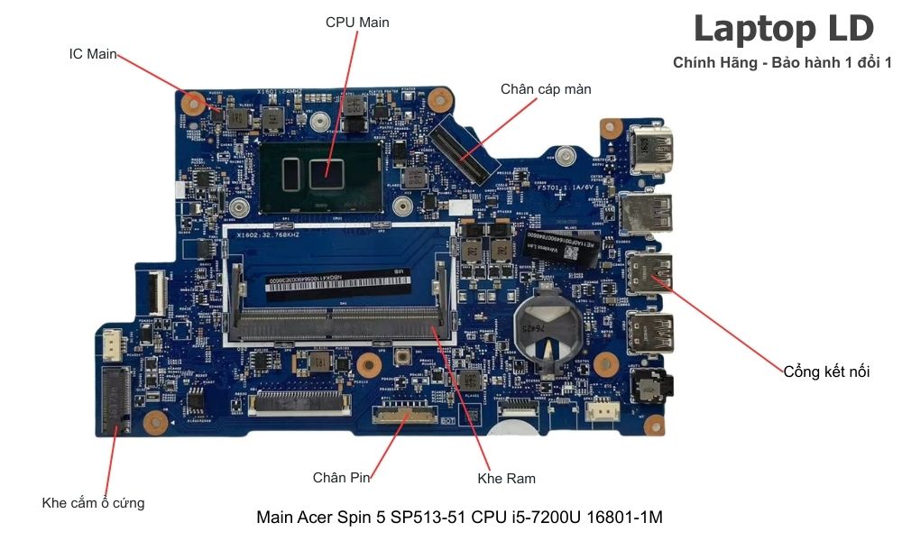 Main laptop Acer Spin 5 SP513-51 CPU i5-7200U mã 16801-1M chính hãng, bảo hành 1 đổi 1