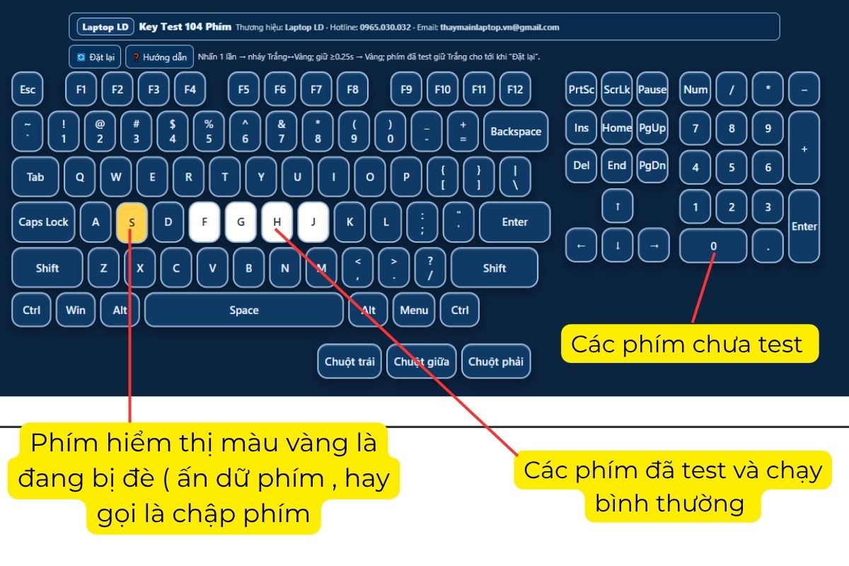 Test bàn phím laptop online chuẩn ANSI 104 phím