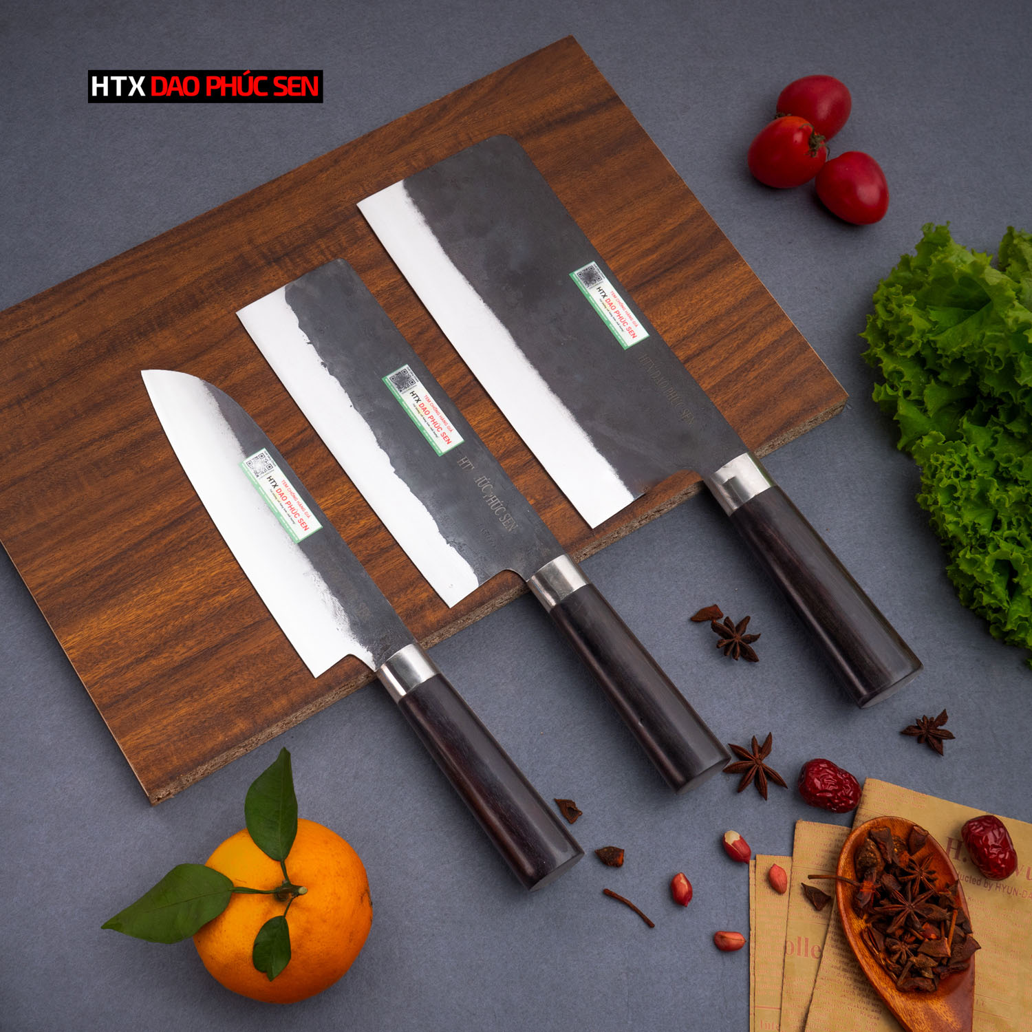 Bộ dao bếp nhíp xe chặt thái lọc đa năng cán gỗ mun CB89NM