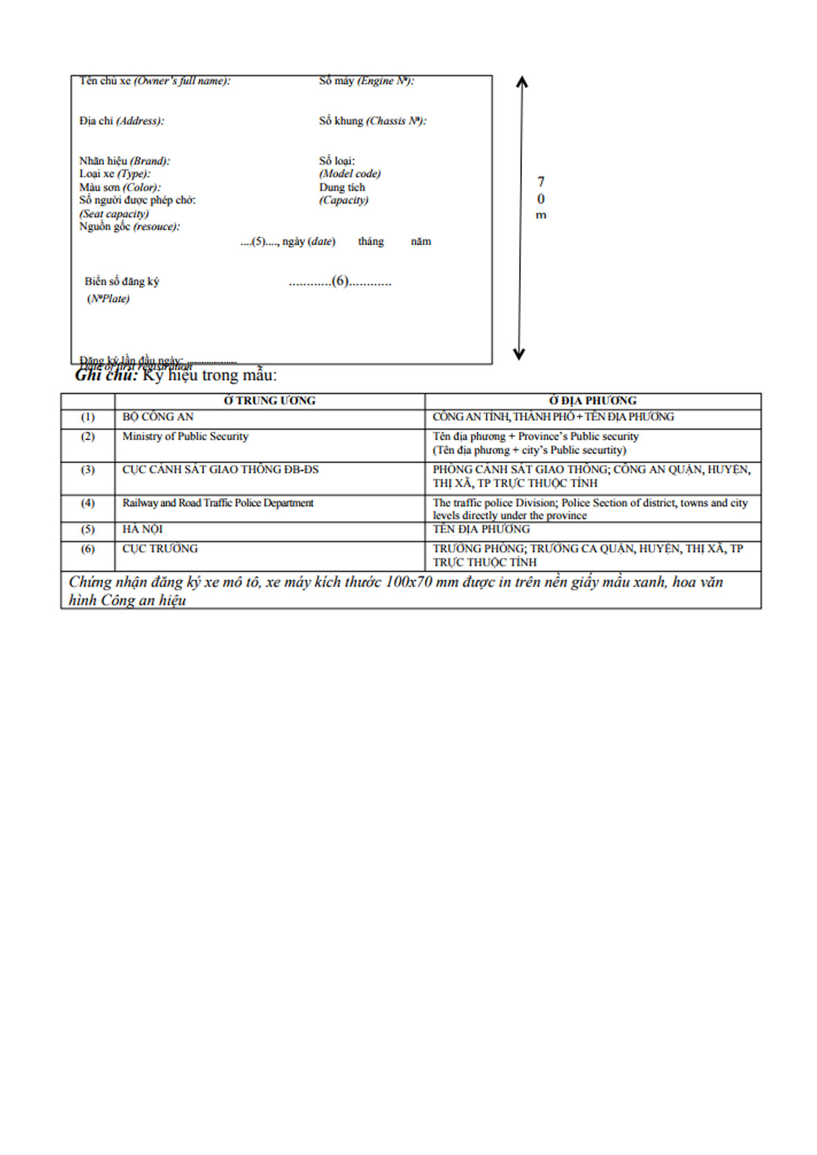 A. Mẫu giấy chứng nhận đăng ký xe mô tô, xe máy 3