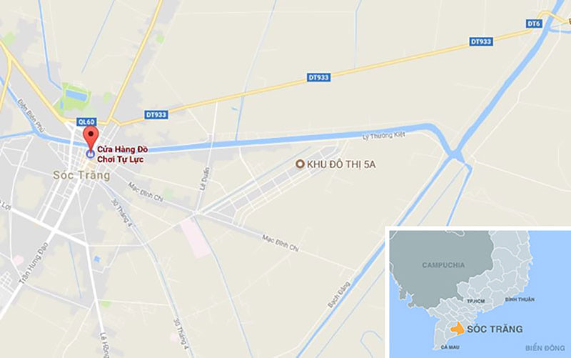 Tai nạn xảy ra trước cửa hàng đồ chơi Tự Lực (chấm đỏ) ở TP Sóc Trăng. Ảnh: Google Maps.