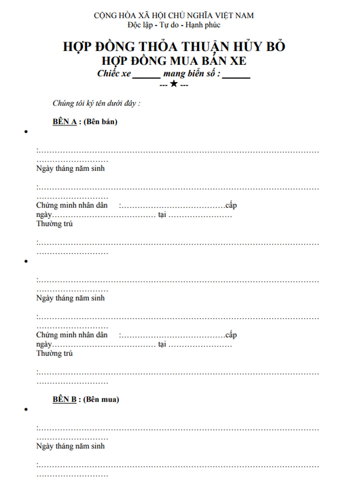 F. Thỏa thuận hủy bỏ hợp đồng mua bán xe