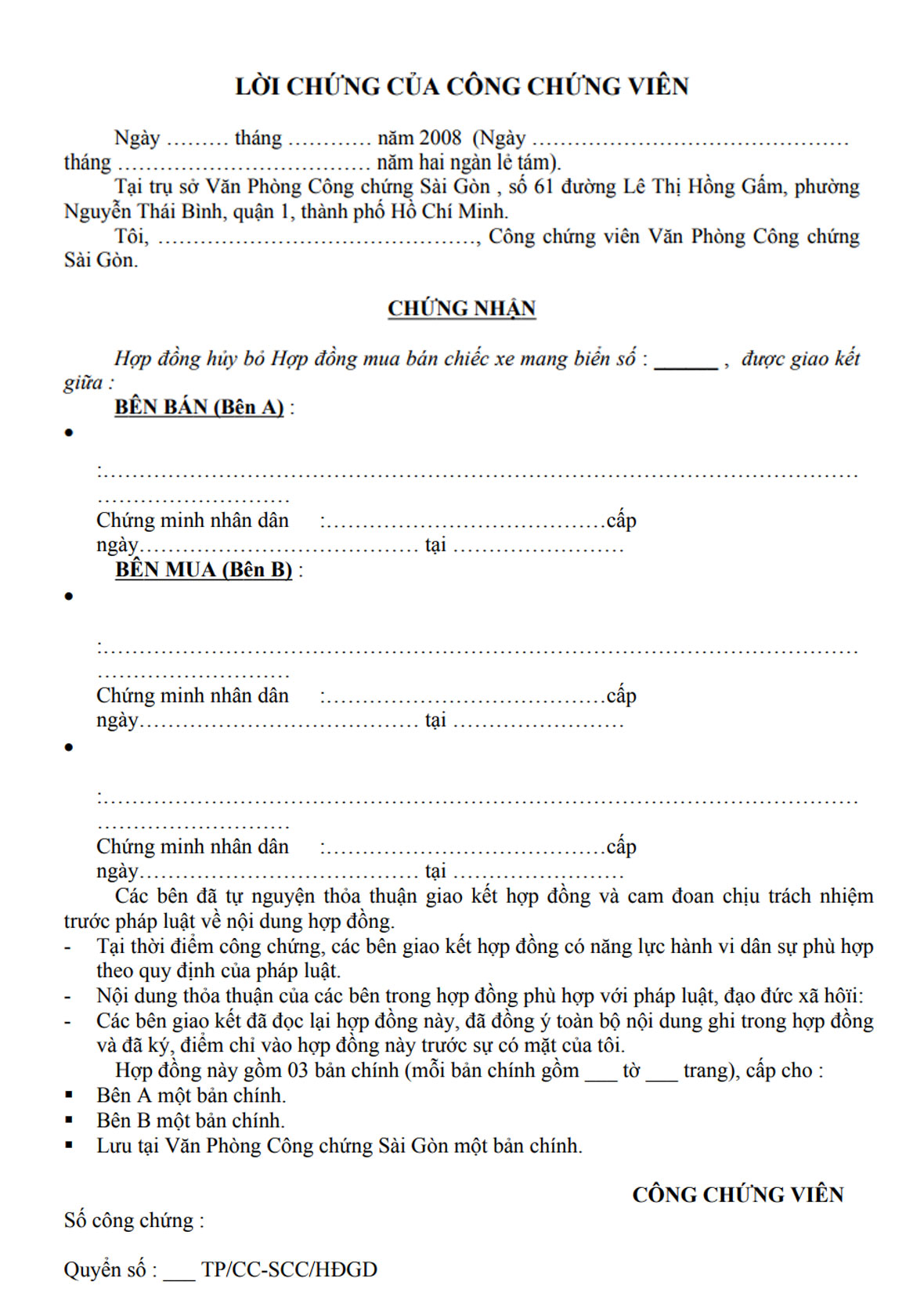 F. Thỏa thuận hủy bỏ hợp đồng mua bán xe 3