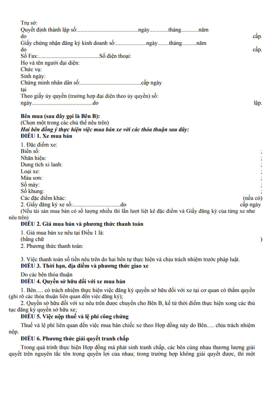 B. Mẫu hợp đồng mua bán xe 2. 2