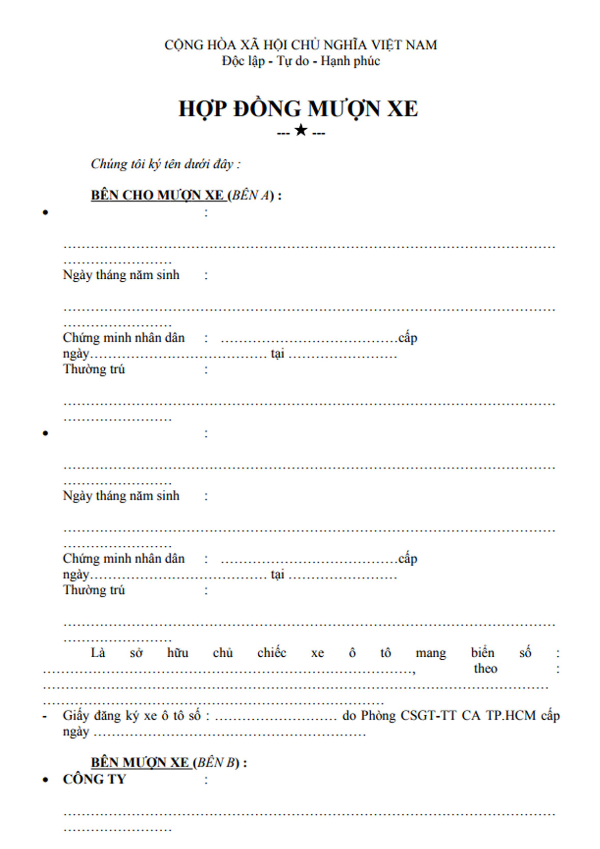 C. Mẫu hợp đồng mượn xe