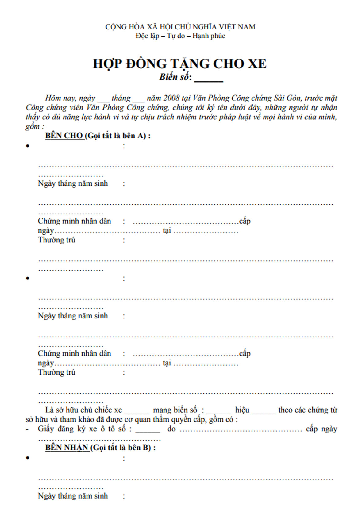 D. Mẫu hợp đồng tặng cho xe