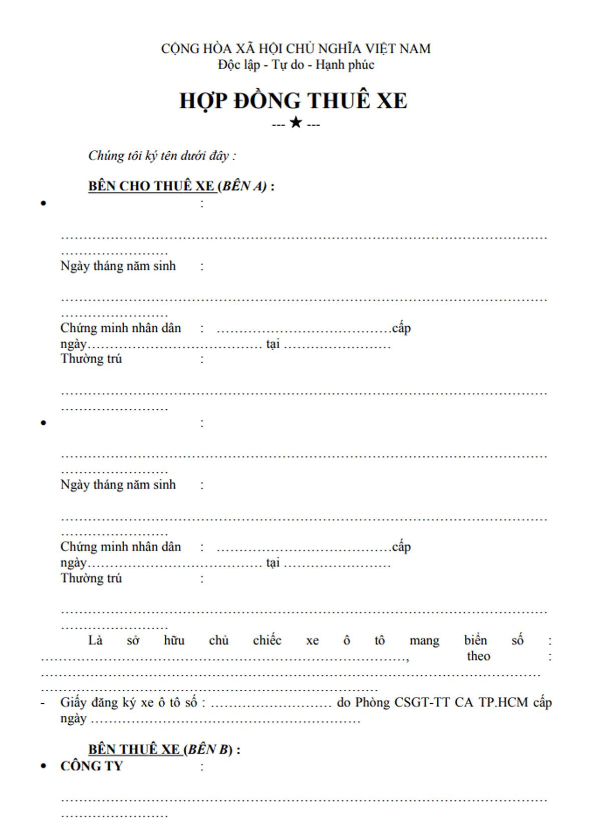 E. Mẫu hợp đồng thuê xe