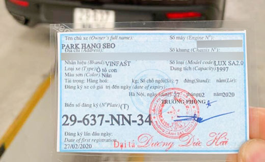 Giaytoxe.vn tự hào là đơn vị tiến hành thủ tục đăng ký xe cho Thầy Park Hang Seo 2020