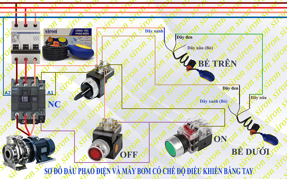 Sơ đồ mạch điện 2 chế độ hoạt động bằng tay và chế độ tự động cho máy bơm có 2 chế độ