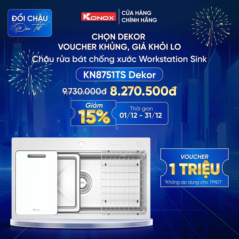 Chậu rửa bát Konox 8751TS Dekor tặng kèm voucher 1 triệu đông