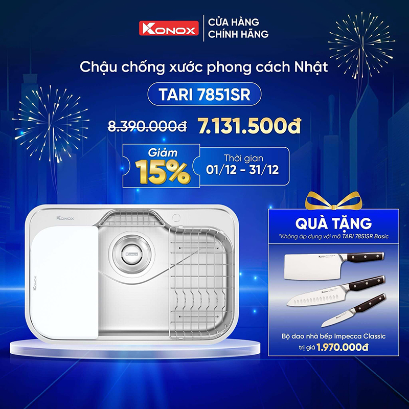 Chậu rửa bát Konox Tari 7851SR tặng kèm bộ dao nhà bếp cao cấp