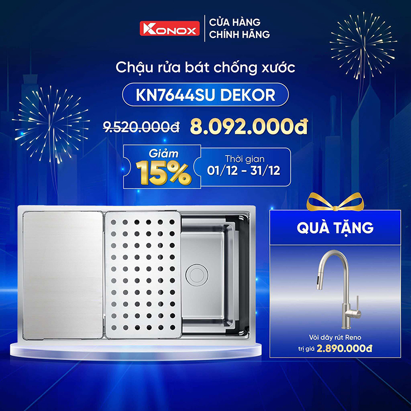 Chậu rửa bát Konox 7644SU Dekor tặng kèm vòi rút Reno