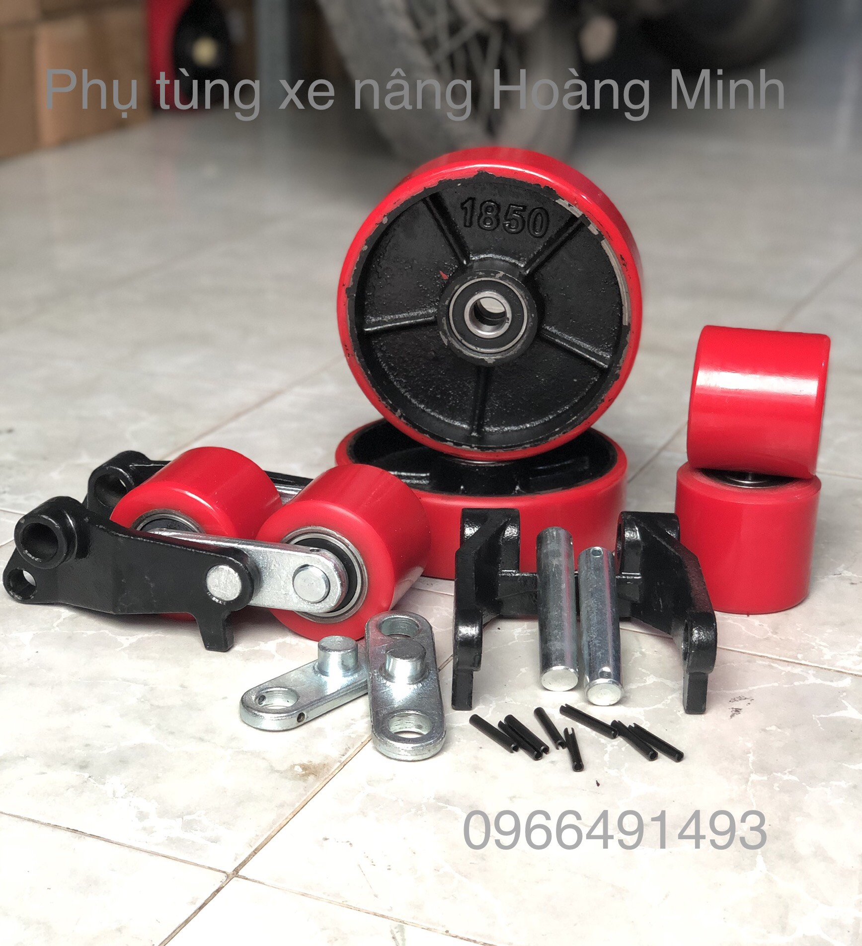 trọn bộ bánh đôi xe nâng tay chất liệu Pu