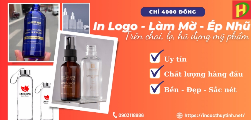 in logo, làm mờ, ép nhũ chai lọ thủy tinh