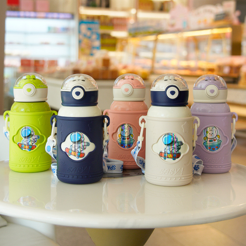 Bình đựng nước giữ nhiệt thép không gỉ INOX 316 dễ thương dung tích 500ml có ống hút kèm dây VAT-23