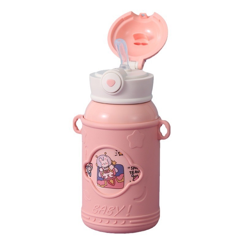 Bình đựng nước giữ nhiệt thép không gỉ INOX 316 dễ thương dung tích 500ml có ống hút kèm dây VAT-23