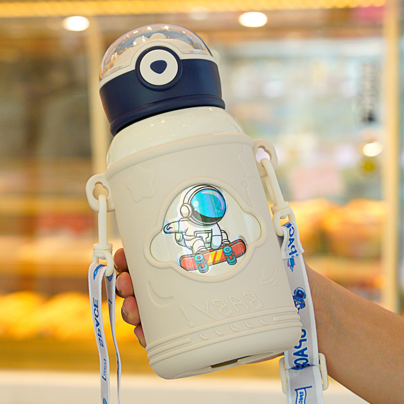 Bình đựng nước giữ nhiệt thép không gỉ INOX 316 dễ thương dung tích 500ml có ống hút kèm dây VAT-23