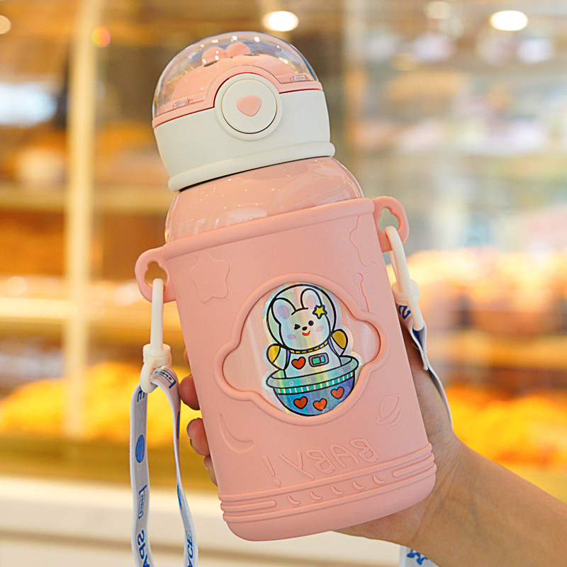 Bình đựng nước giữ nhiệt thép không gỉ INOX 316 dễ thương dung tích 500ml có ống hút kèm dây VAT-23