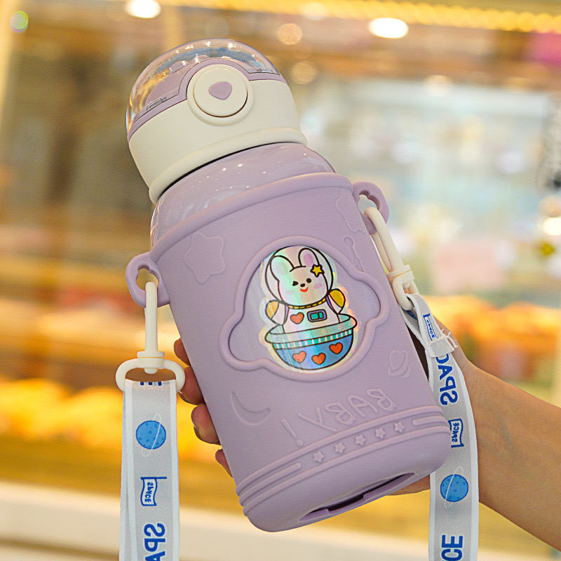 Bình đựng nước giữ nhiệt thép không gỉ INOX 316 dễ thương dung tích 500ml có ống hút kèm dây VAT-23