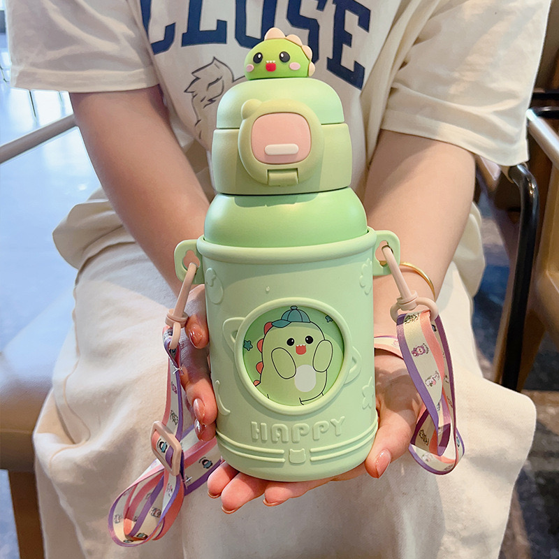 Bình đựng nước giữ nhiệt thép không gỉ INOX 316 dễ thương dung tích 500ml có ống hút kèm dây VAT-23