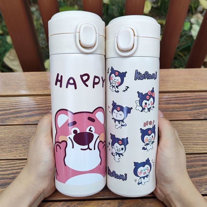 Bình nước giữ nhiệt in hình Gấu Dâu & Kuromi dễ thương dung tích 420ml inox SUS304 cao cấp TP28