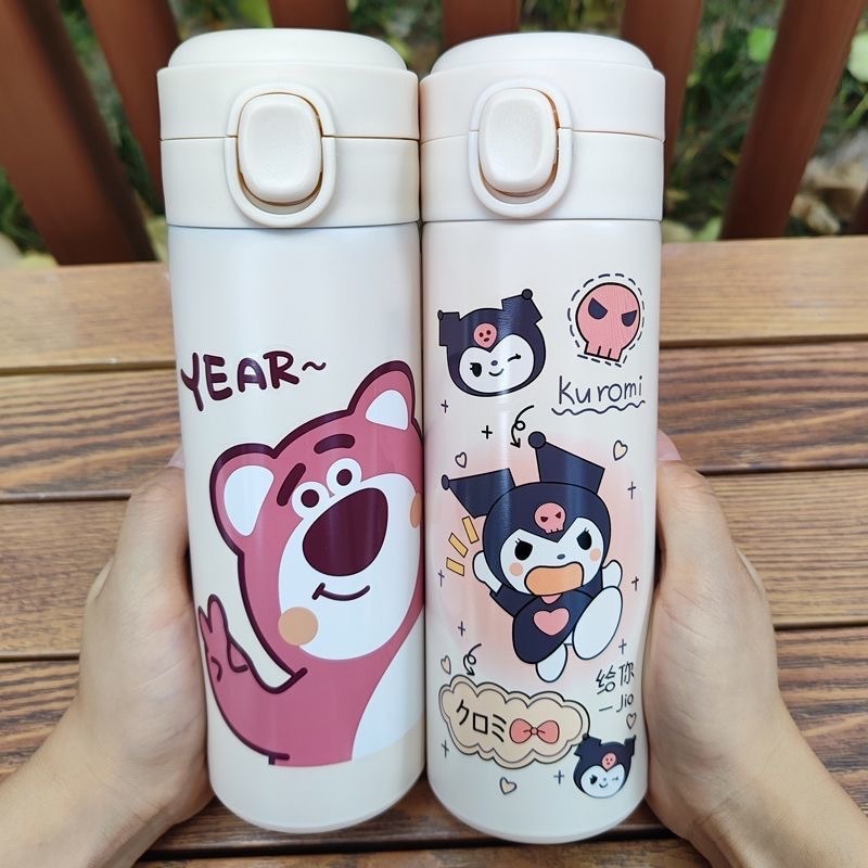 Bình nước giữ nhiệt in hình Gấu Dâu & Kuromi dễ thương dung tích 420ml inox SUS304 cao cấp TP28