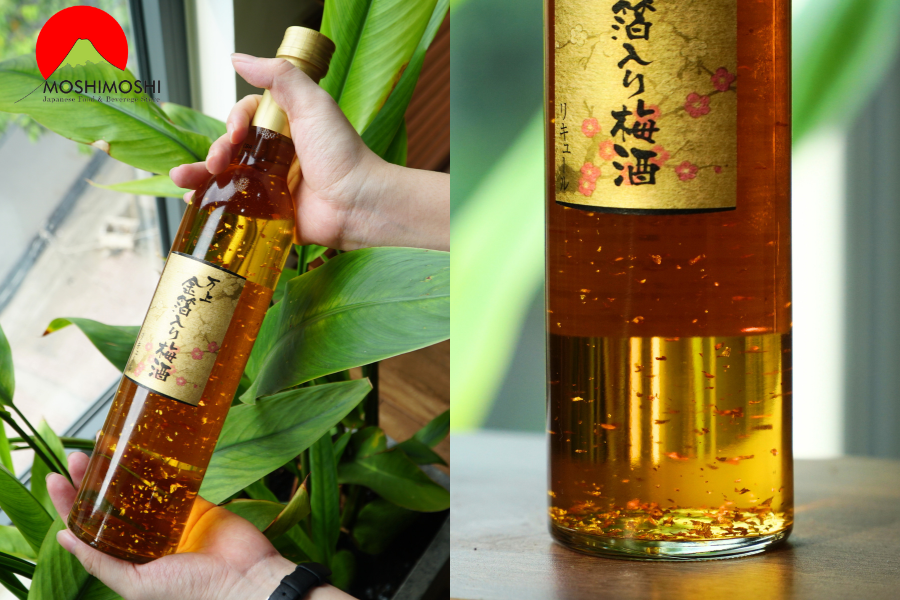 vảy vàng trong rượu mơ vảy vàng Kikkoman Umeshu Gold.