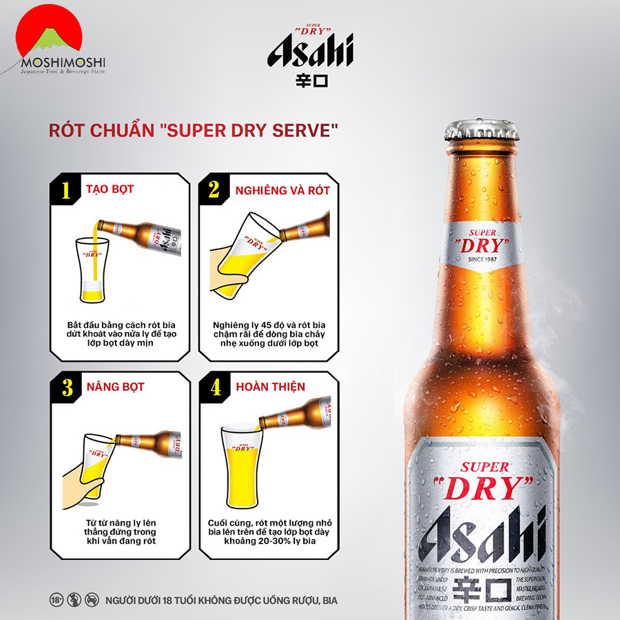4 Cách rót bia Asahi Super Dry chai 330ml