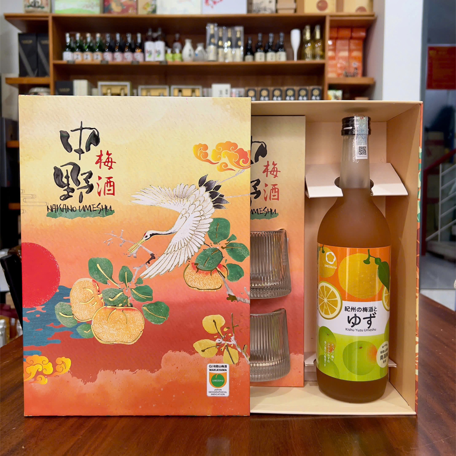 Hộp Quà Tết Rượu Mơ Umeshu Nakano Yuzu (vị chanh Nhật) + 2 ly thủy tinh