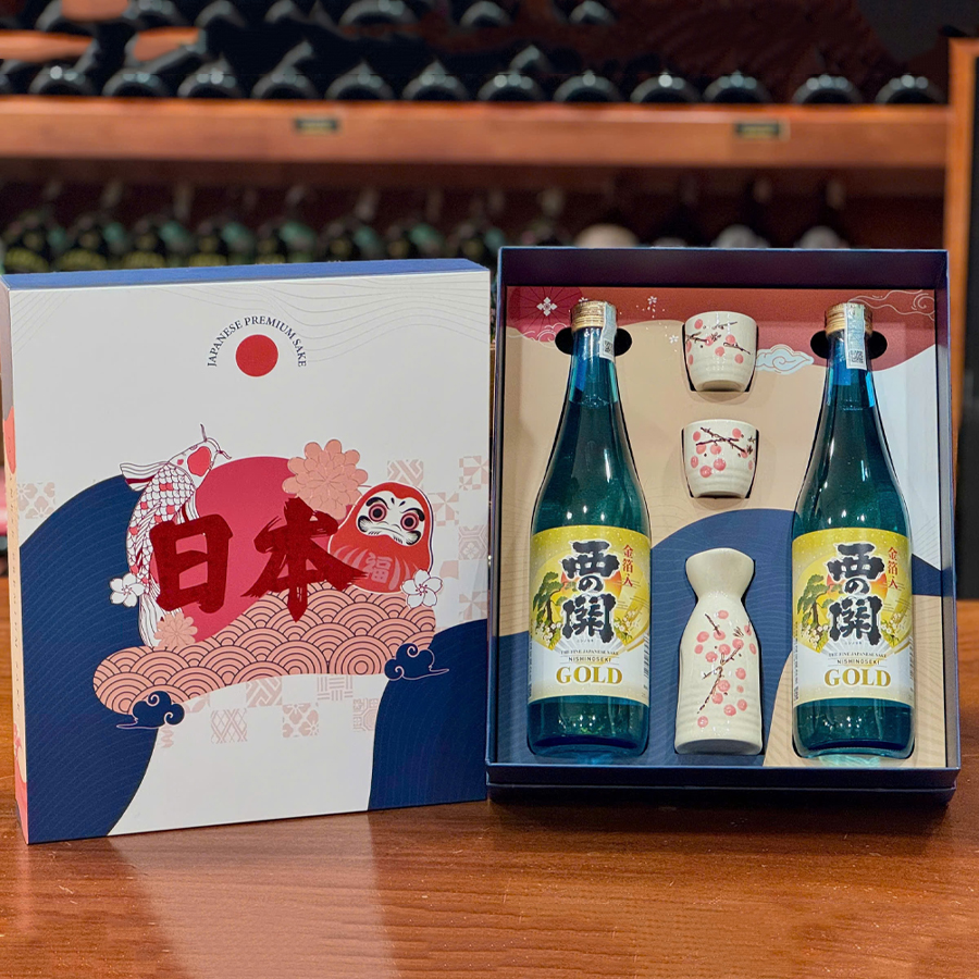 Hộp Quà Đôi Daruma Rượu Sake Nishinoseki Gold Leaf