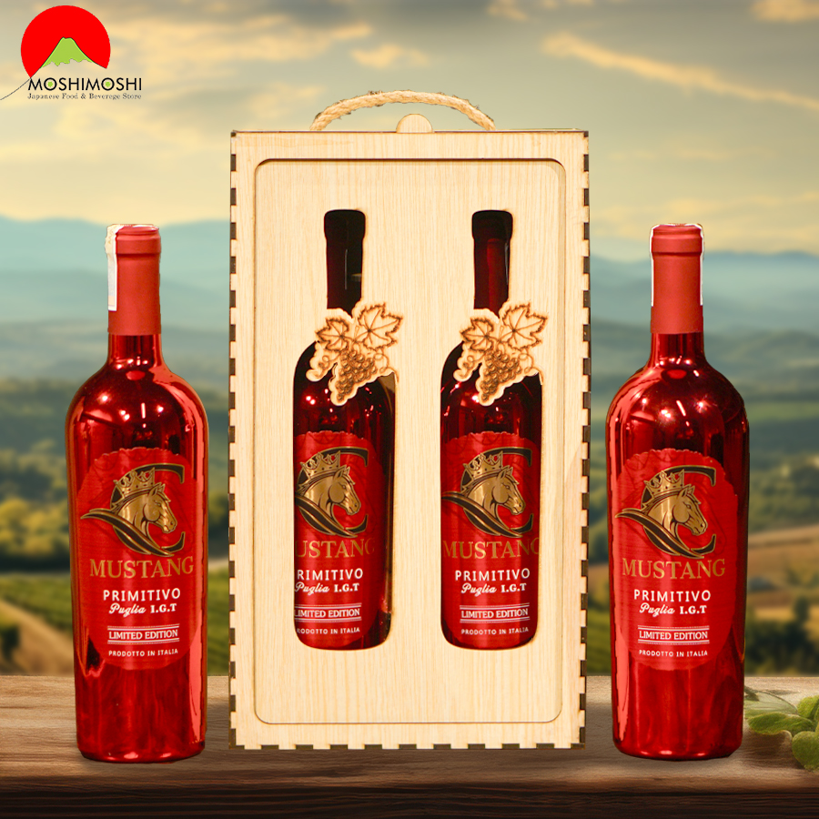 Hộp Quà Gỗ Đôi Rượu Ngựa Vang Ý Mustang Primitivo 2026