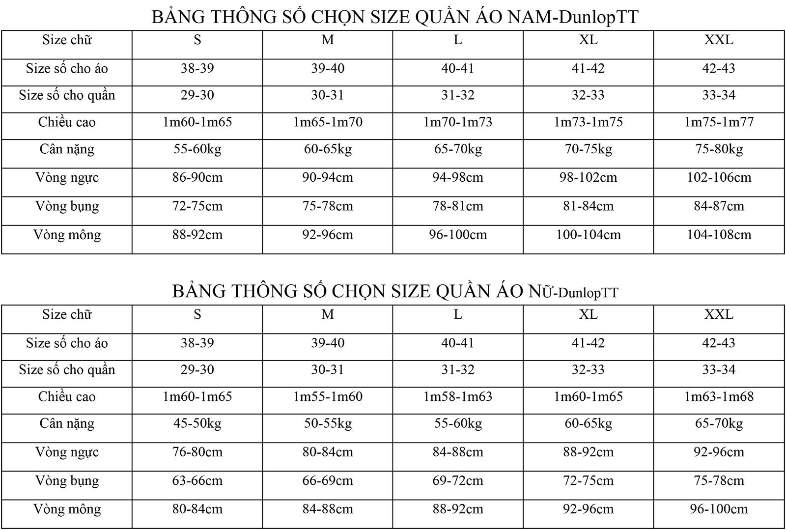 bảng lựa chọn size quần áo thể thao nam nữ