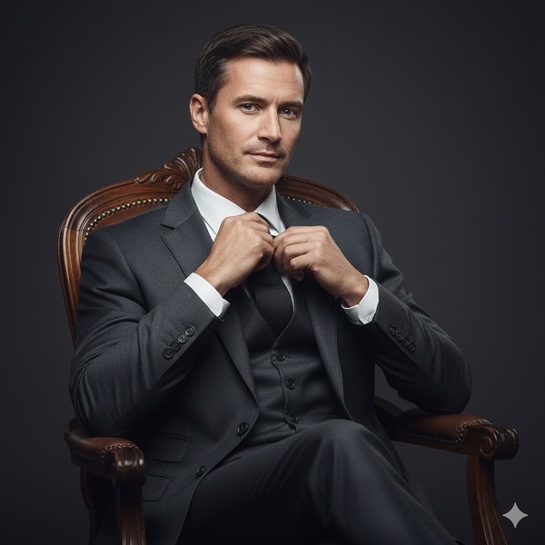 Ngồi ghế, tay chỉnh cà vạt: một quý ông đang chuẩn bị cho sự kiện quan trọng.