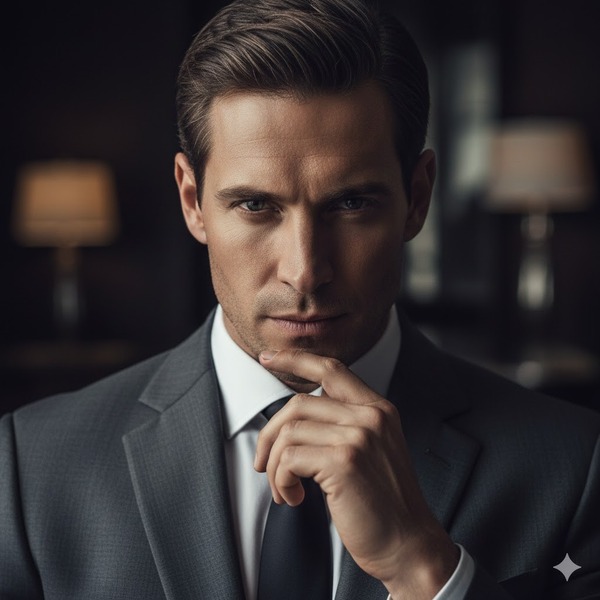 Tay chống cằm, ánh mắt sắc sảo: Nhấn mạnh vào gương mặt và sự kiên định.