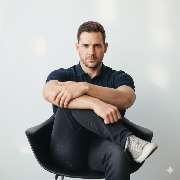 Ngồi chân co, nhìn vào camera