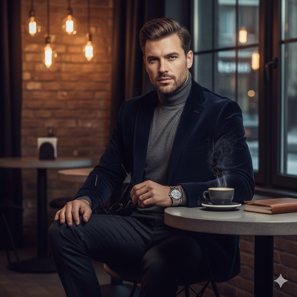 Ngồi kết hợp áo khoác, tay đeo phụ kiện