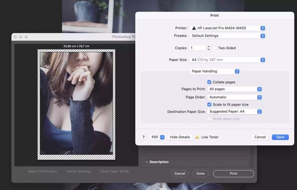 Cách in ảnh full khổ giấy A4 từ phần mềm photoshop ở bước 4 cài đặt máy in