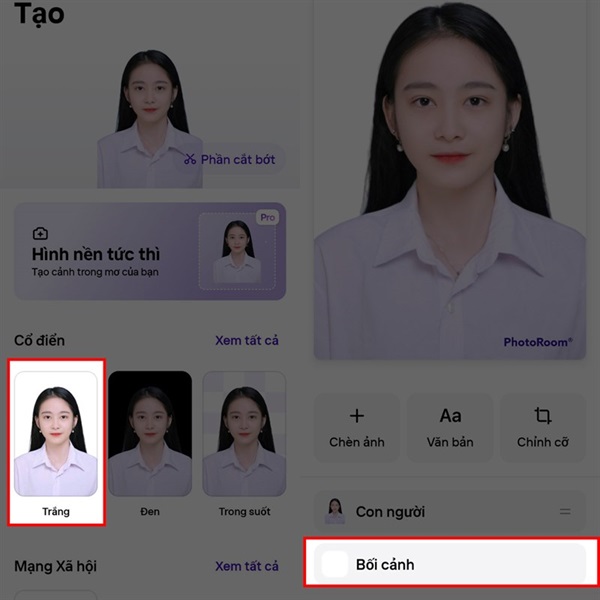 Chọn nền trắng và chọn bối cảnh