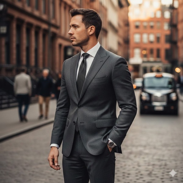 Tạo dáng chụp ảnh vest nam - Tay trong túi quần, nhìn nghiêng.